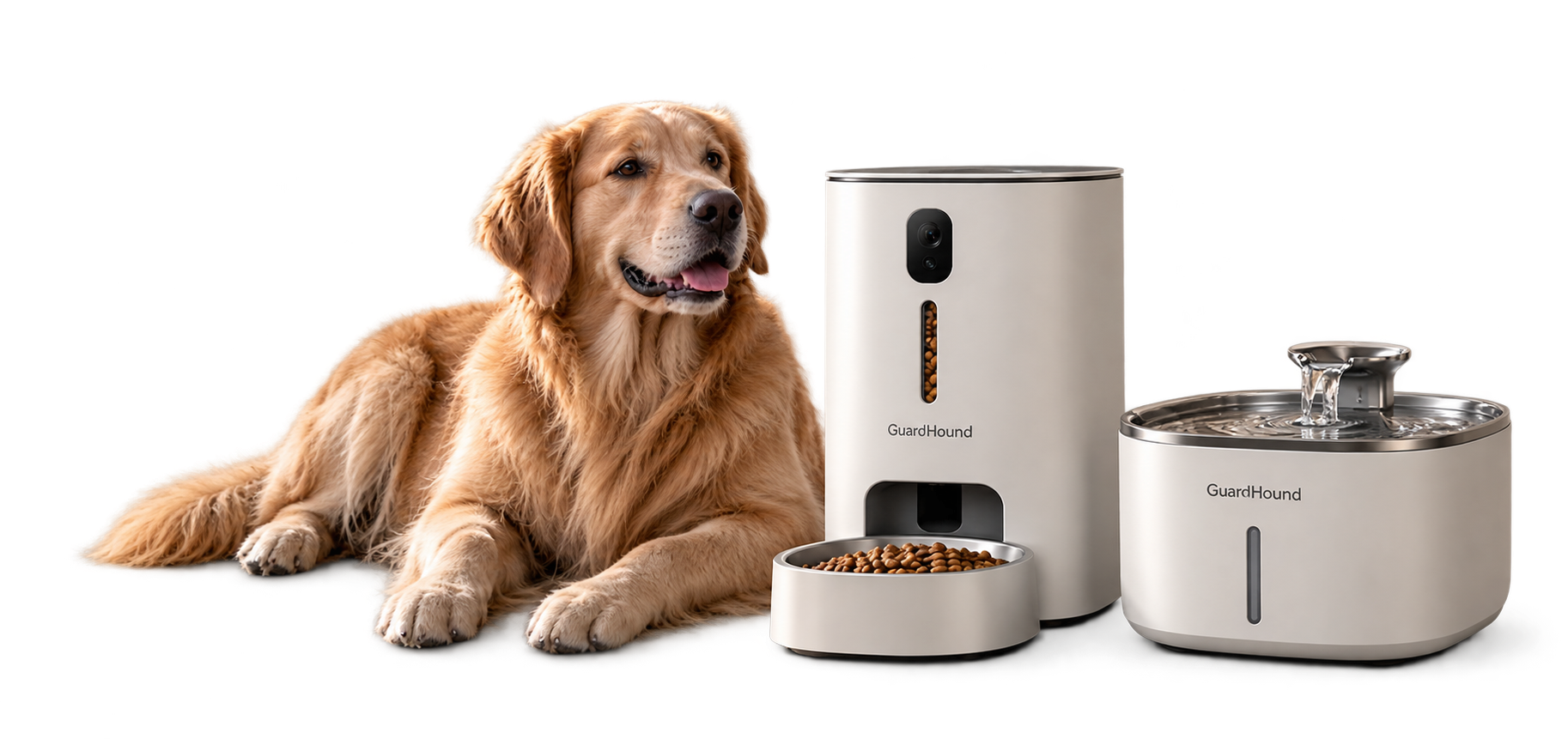 GuardHound smart feeder and water fountain with a golden retriever