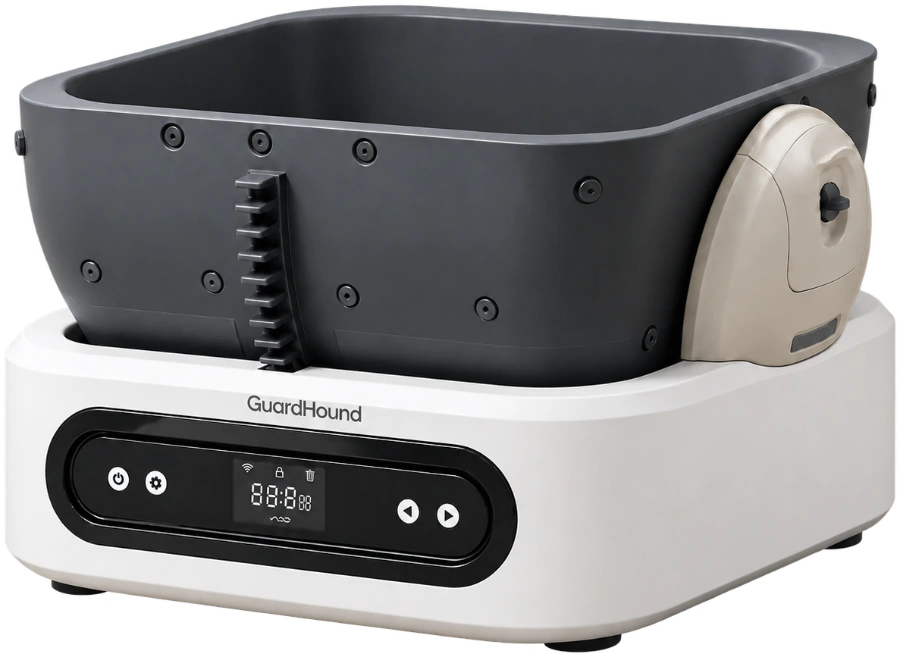 GuardHound smart cat litter box in open state, showing the internal drum and base structure