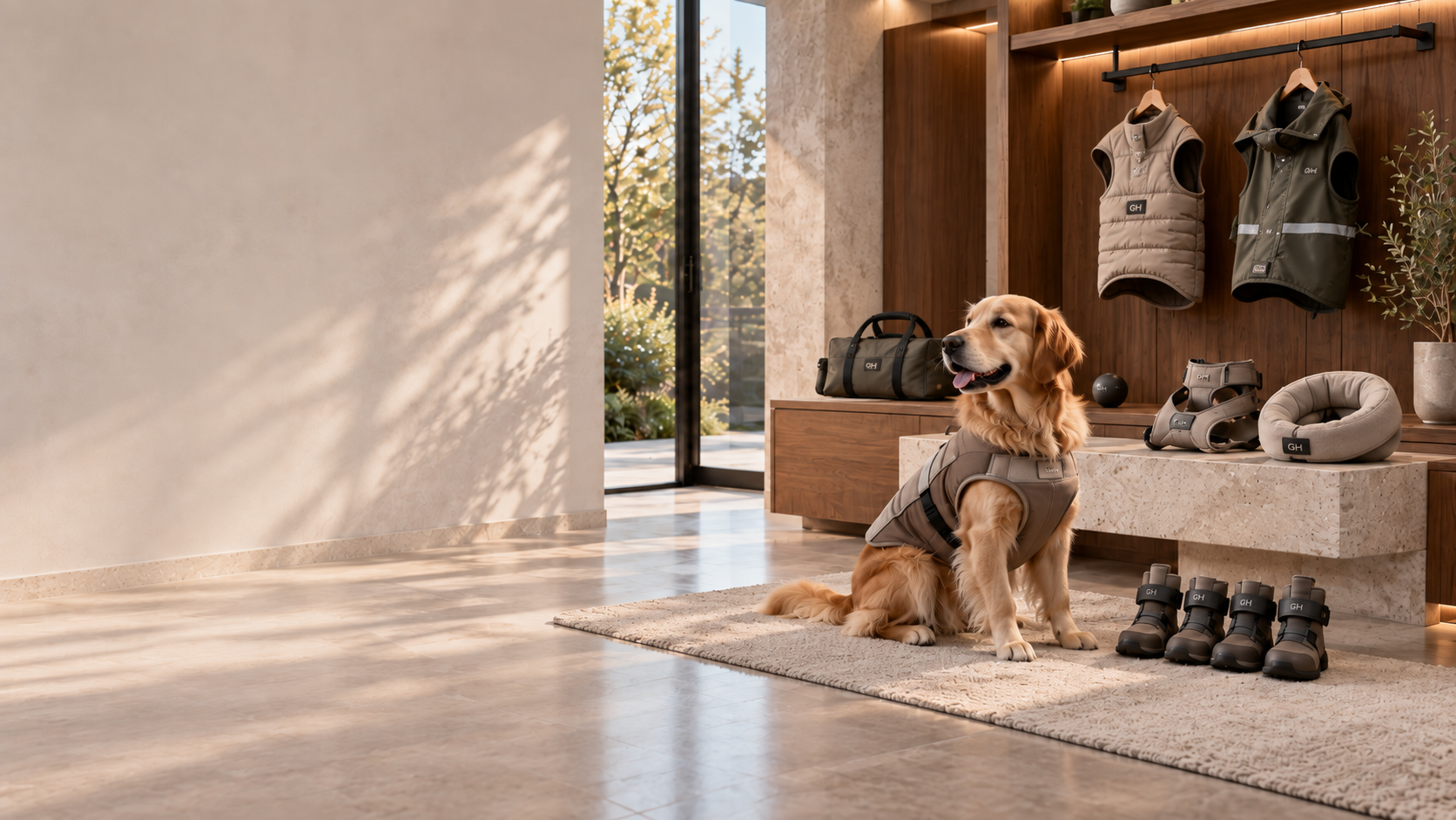 现代轻奢住宅玄关：原木衣帽墙上悬挂的犬用绗缝保暖外套与带反光条的连帽防水防护衣，石材矮台上陈列软质防护护圈与胸背护具，地毯上并排一整套 GH 犬鞋，一只身披防护衣的金毛犬端坐其间