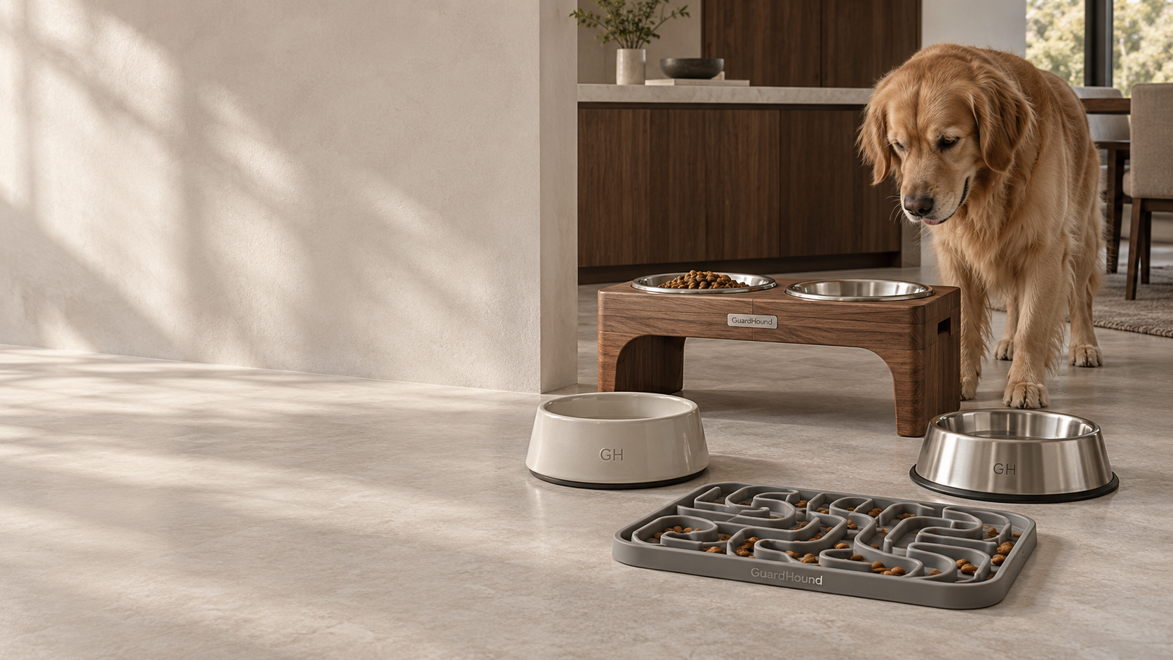 GuardHound dog feeding & tableware scene: ceramic dog bowls, stainless steel dog bowls, a solid-wood elevated double bowl stand and a slow-feed treat mat