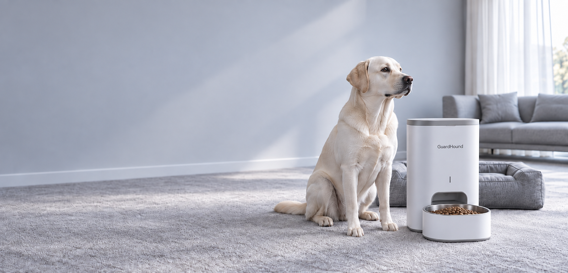 Smart and everyday dog products with a calm dog in a modern home