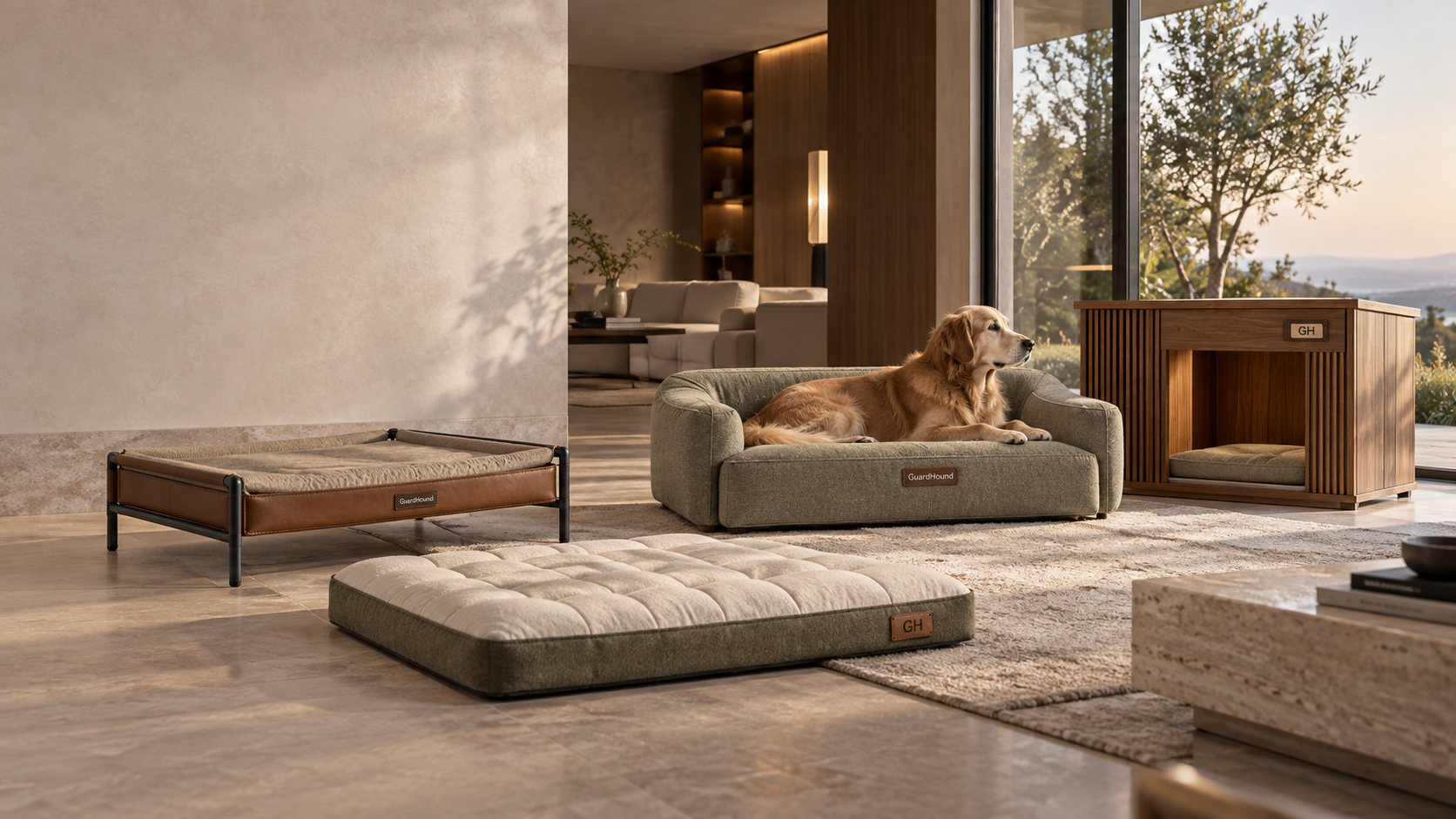 GuardHound Sleep & Home product family · living room of a modern premium home: a metal-frame dog bed, a standalone memory-foam mat, a dog sofa bed (with a Golden Retriever resting) and a wooden dog house