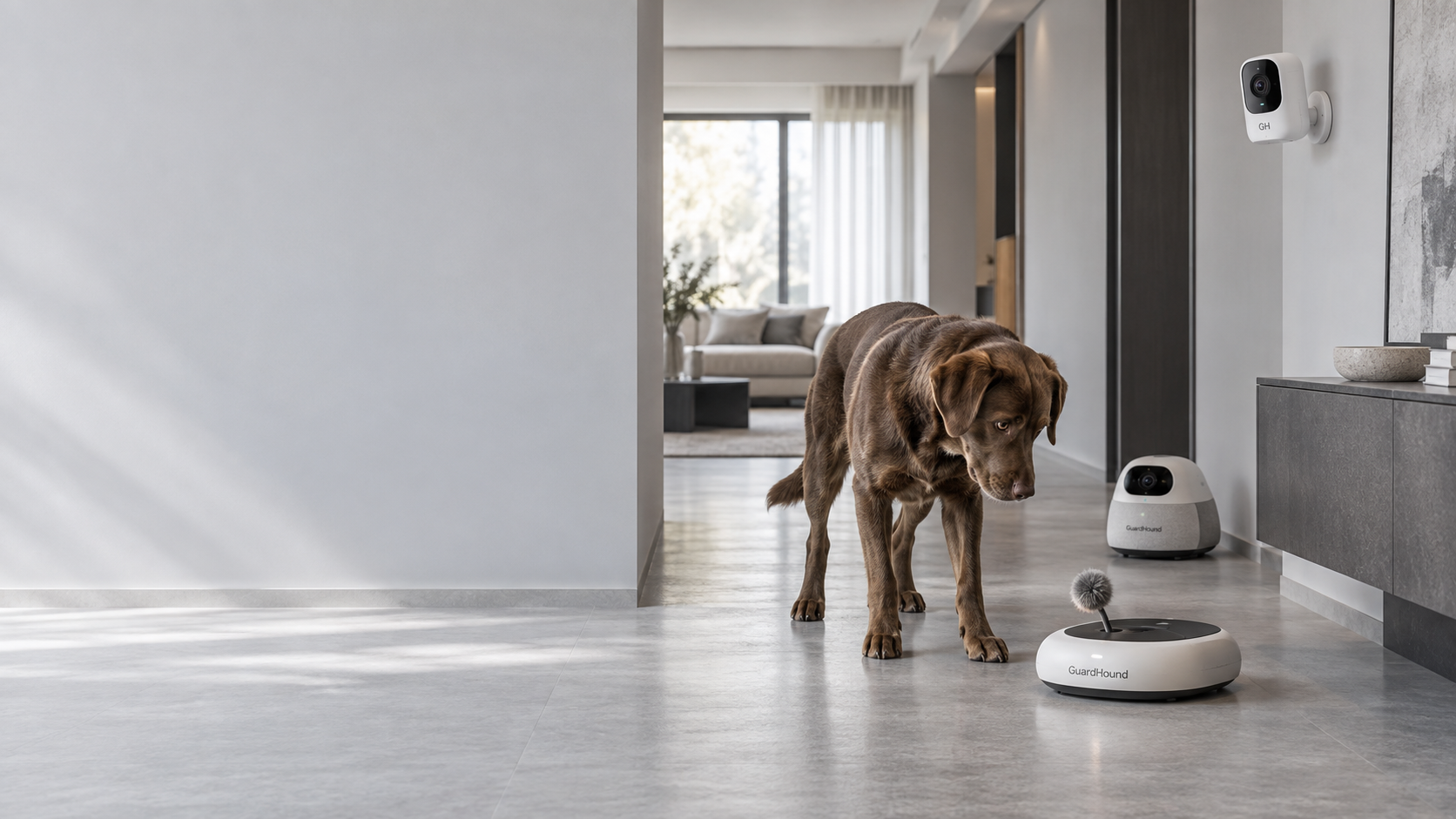 A GuardHound smart pet camera mounted high on the entry feature wall, paired with a floor-level interaction device, with an adult dog passing through the hallway