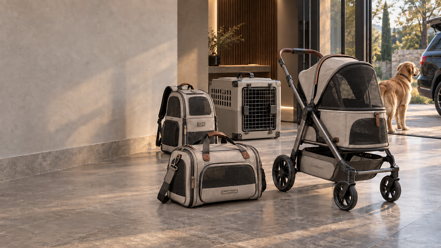 GuardHound 外出与运输系列 —— 现代轻奢住宅玄关，犬用航空箱、手提旅行包、犬用背包与犬用推车组成的 Travel Collection，金毛犬在门外等候出发