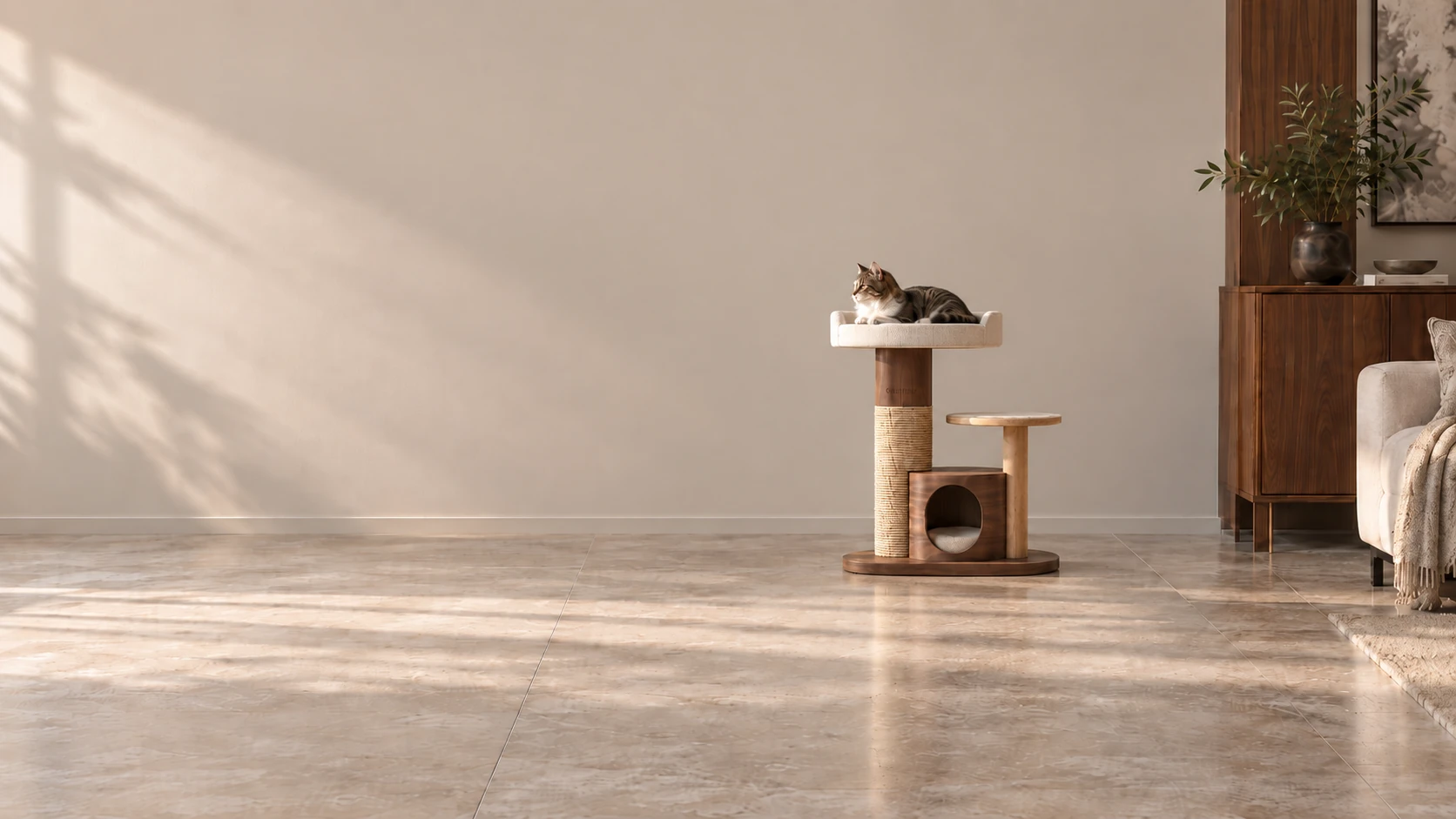 A quiet afternoon in a modern light-luxury living room — a cat rests calmly on the top platform of a walnut cat tower