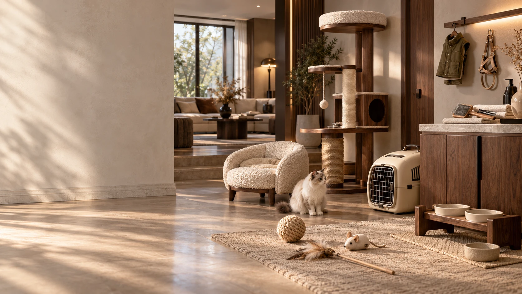 Modern light-luxury home with the seven pet essentials families in place: a boucle cat bed, a walnut cat tree, a hard-shell carrier, natural-material toys on a rug, grooming brushes on a stone counter, ceramic bowls on a solid-wood stand and a pet vest with a harness on a rail