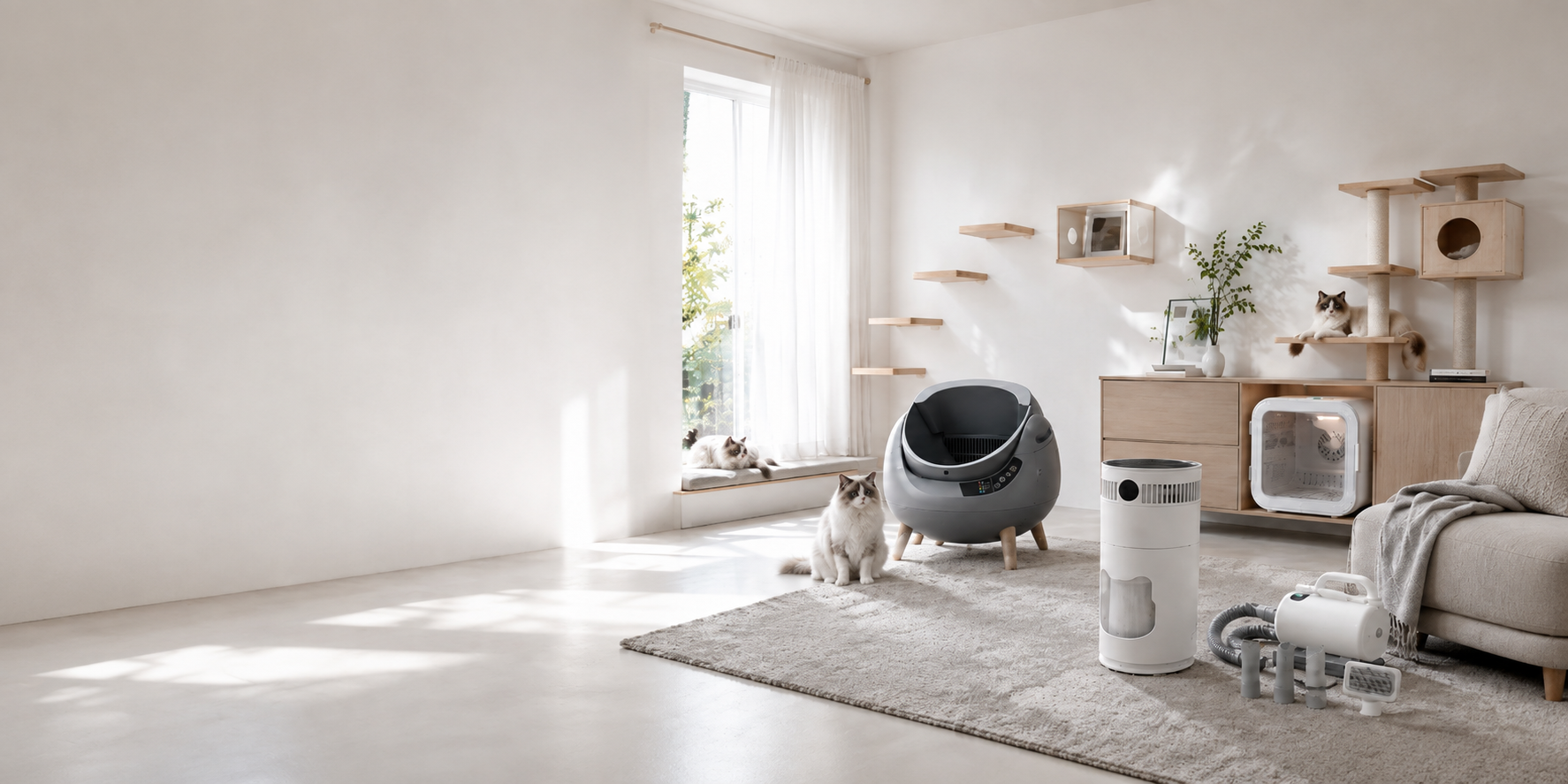 A bright cool-white modern living room with a gray smart litter box, a pet air purifier, a drying box inside a wooden cabinet and a hair-drying device, with cats around
