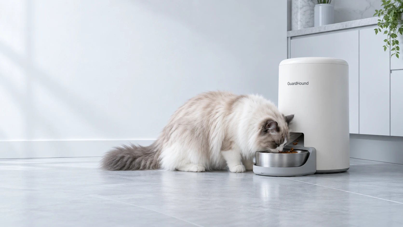 A cat eating from a GuardHound smart feeder in a bright kitchen corner, daytime moment