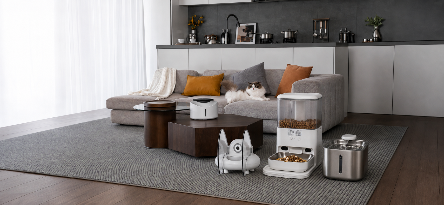 A bright modern living room with a Ragdoll cat, a smart feeder, a cordless fountain and other smart feeding and hydration devices