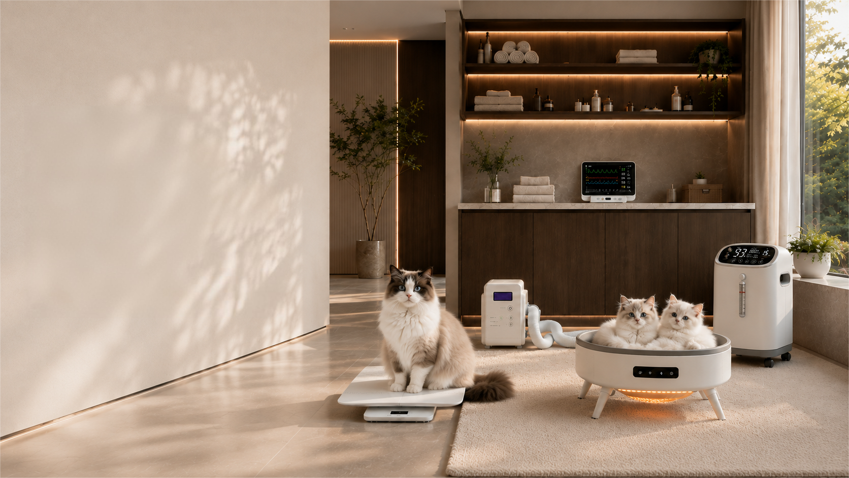 A bright, quiet home corner — a cat steps onto a smart scale while a monitoring screen rests on the shelf