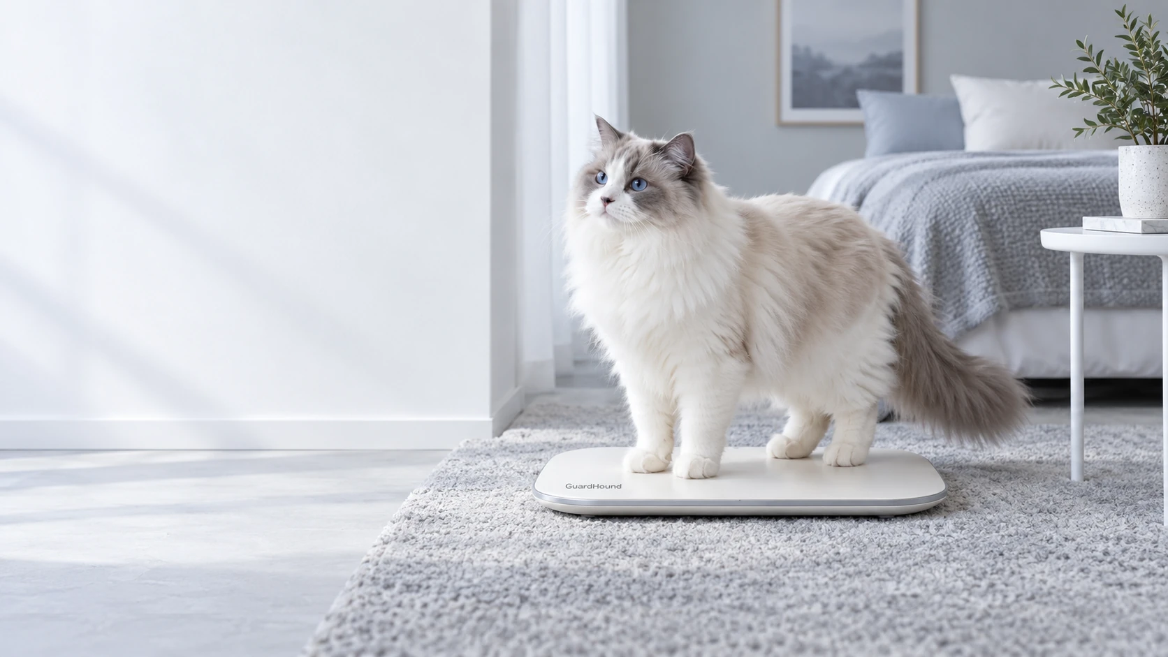A Ragdoll cat on a cream-white smart scale in a bright bedroom — a quiet everyday moment