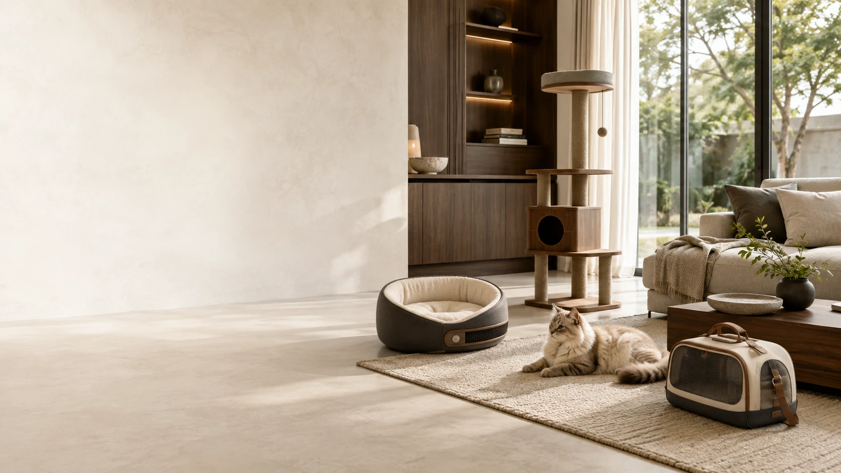 Modern pet living room — a long-haired cat resting beside a thermostatic smart cat bed, warm natural light