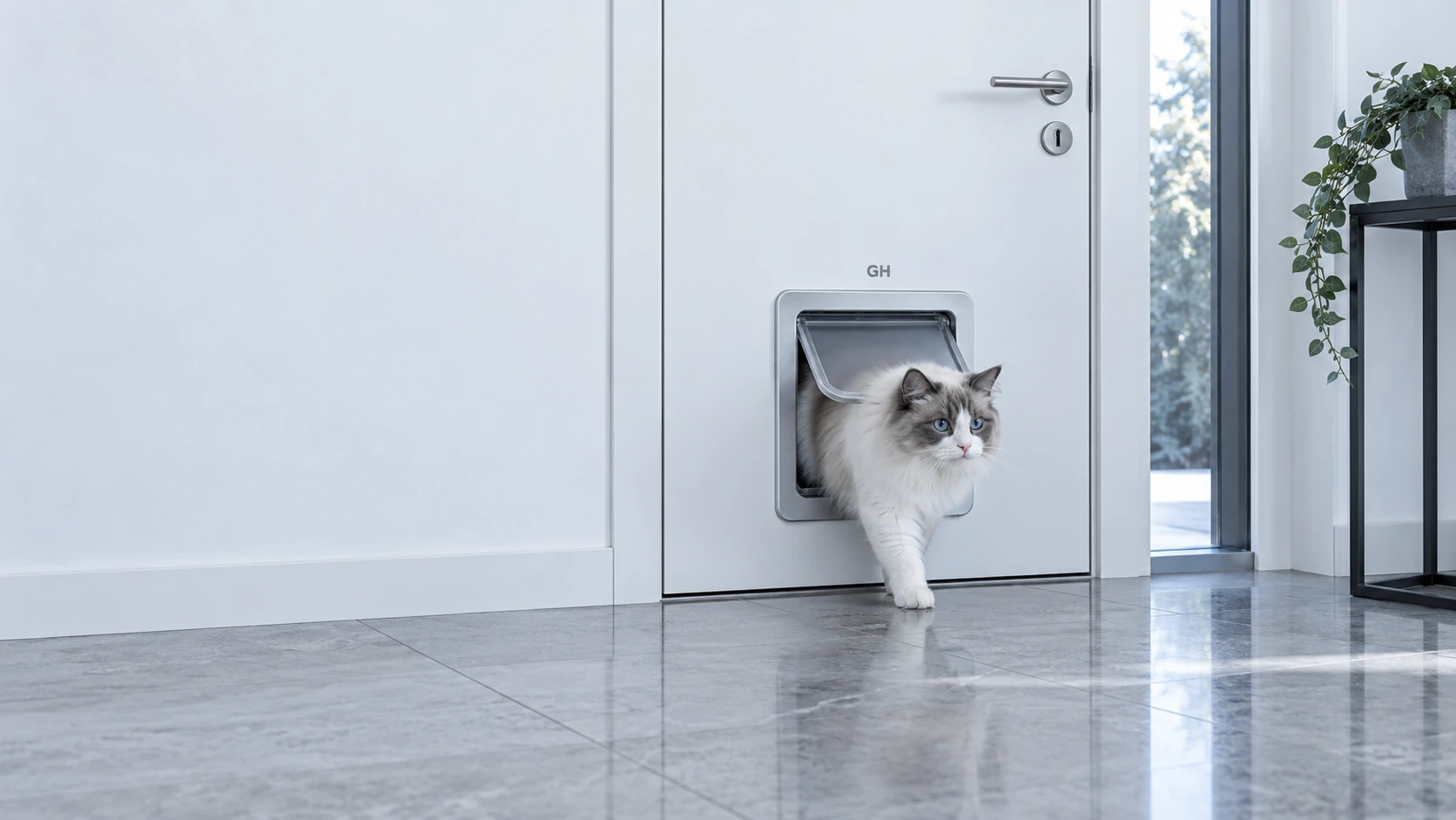 Cool-toned entryway — a cat stepping through a smart pet door built into the wall