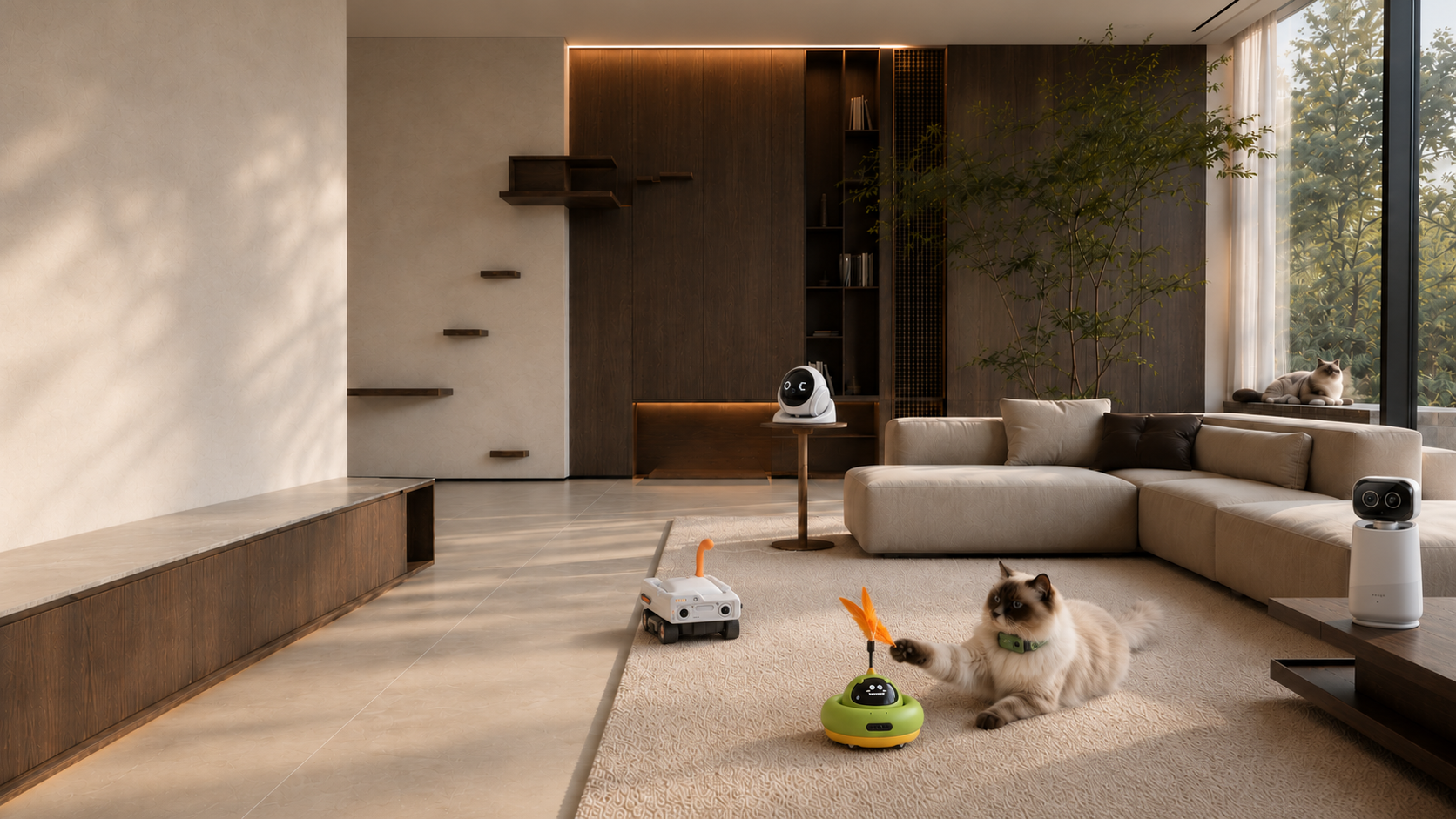 A modern living room with a Ragdoll cat, a 360° AI pet camera, an AI tracking interactive pet camera and a remote interaction scene