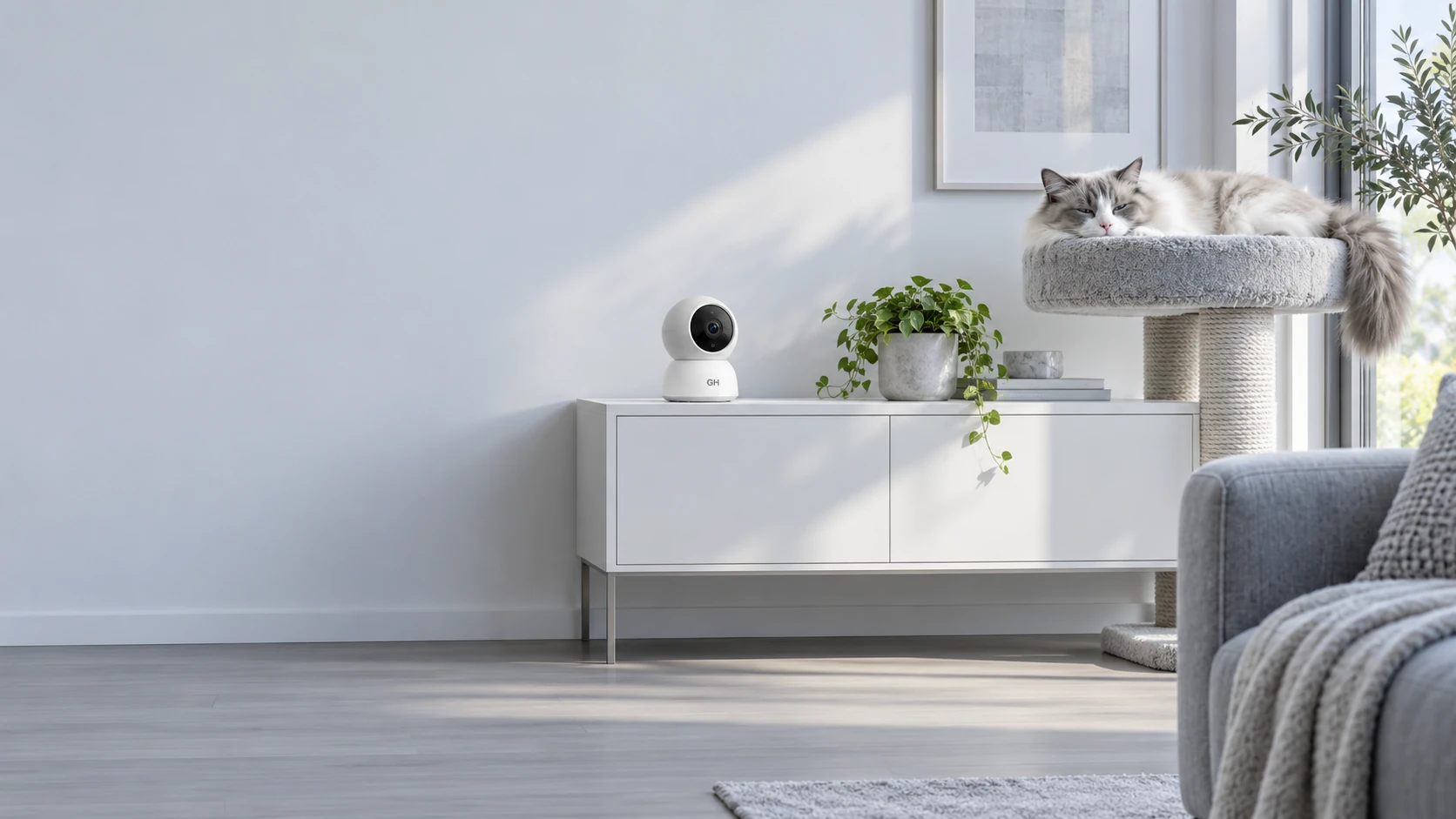Afternoon living room — a cat sleeps high on a cat tree while a rounded pet camera keeps a quiet watch