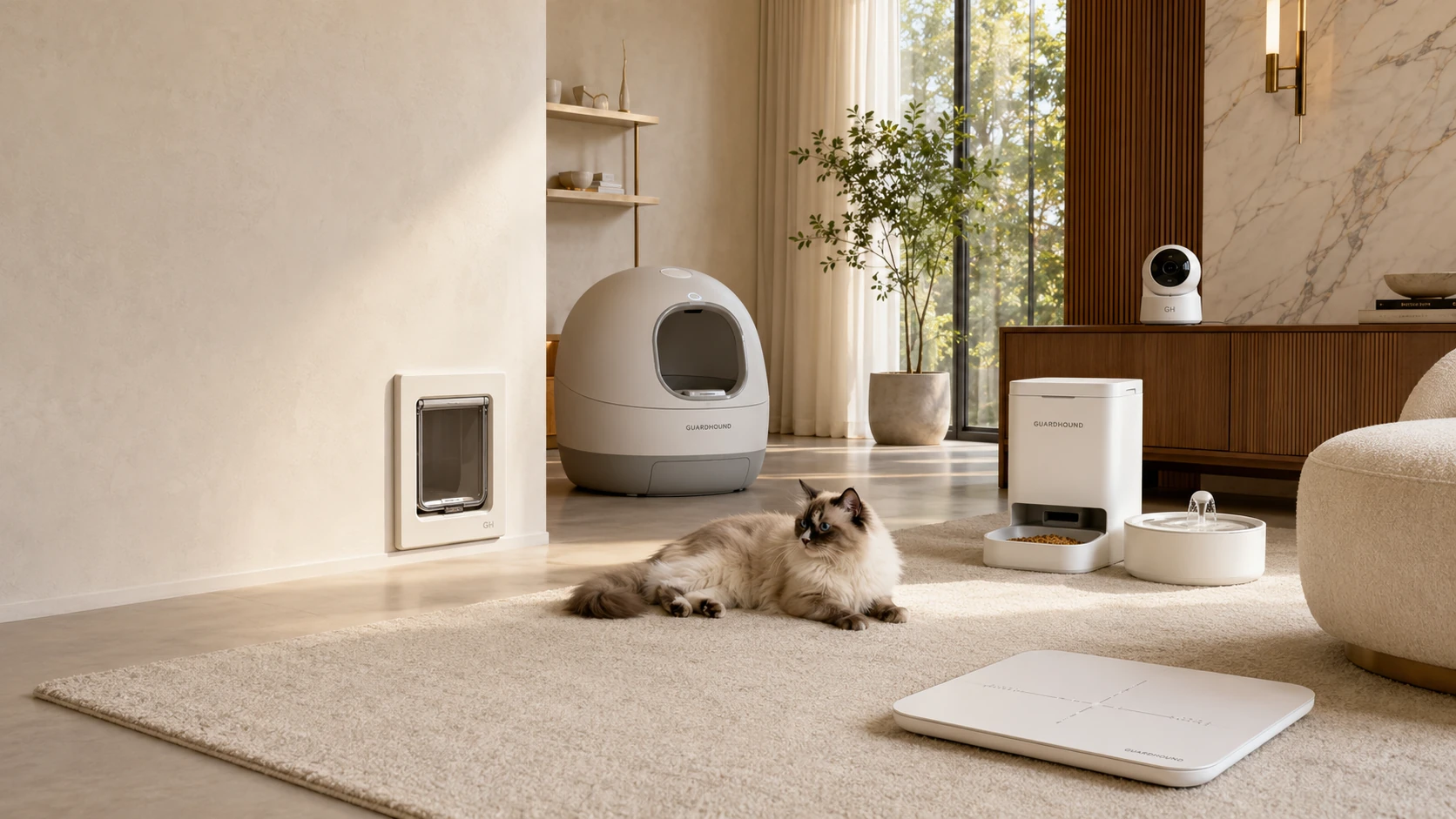 Bright modern living room with a self-cleaning smart litter box, a smart feeder and water fountain, an AI pet camera, a smart pet door and a slim smart scale around a resting cat