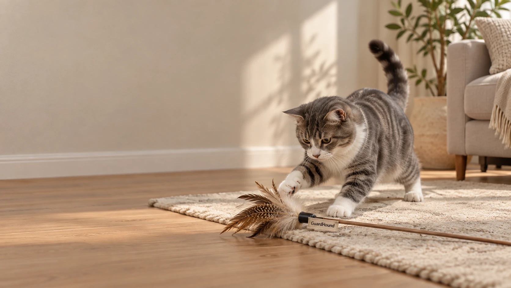 An afternoon living room — a cat at play in warm natural light