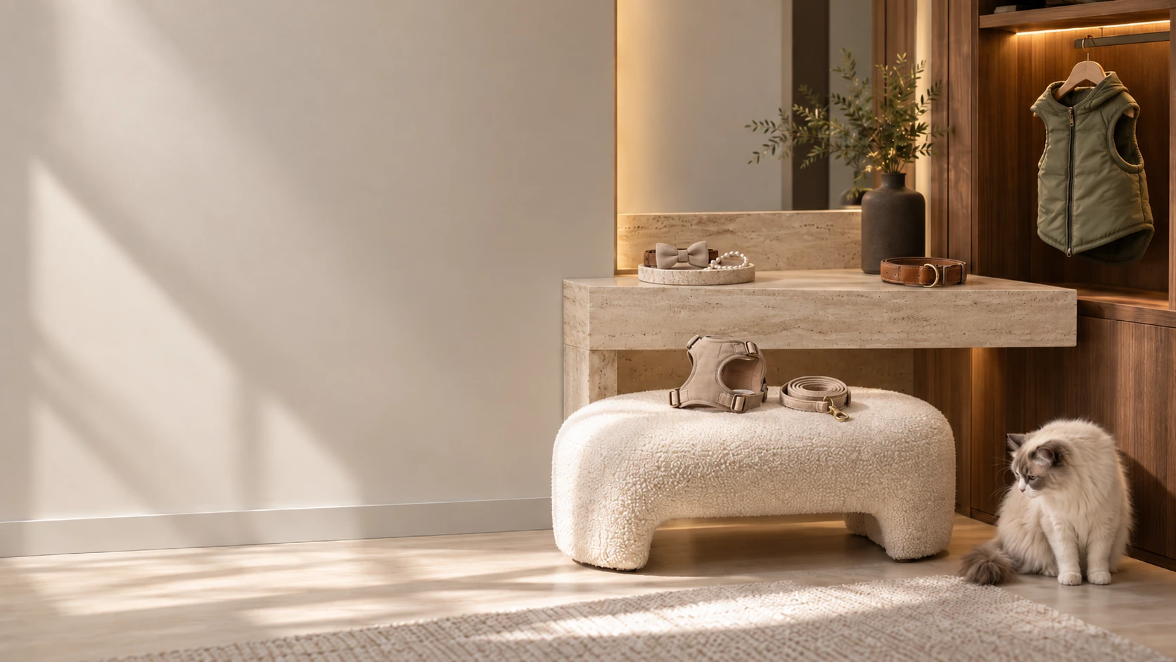 Modern light-luxury entryway wardrobe corner — an olive pet vest on a wooden hanger in a walnut closet, a harness and coiled leash on a cream boucle ottoman, a leather collar on a travertine console, and a stone tray with a bow tie and a pearl necklace