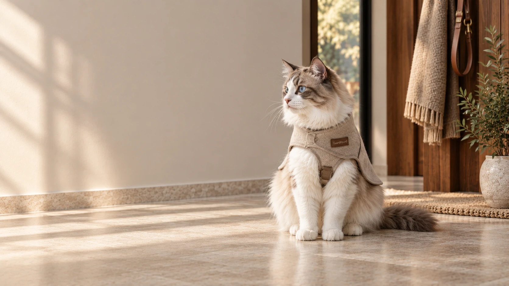 Light-luxury entryway — a cat sitting calmly in a fitted oatmeal fabric vest, with a leather leash hanging on the walnut coat rack behind