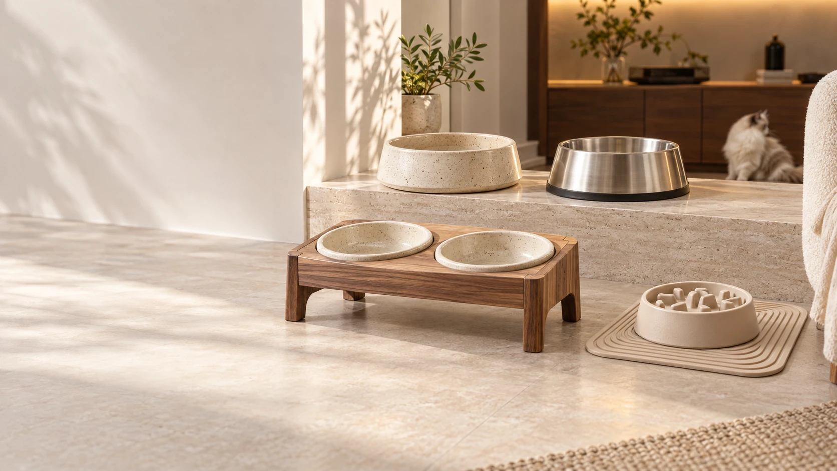 A modern light-luxury dining corner — a ceramic bowl and a stainless steel bowl on a stone ledge, a walnut double-bowl stand in the center, and a slow-feeding mat with a bowl to the right