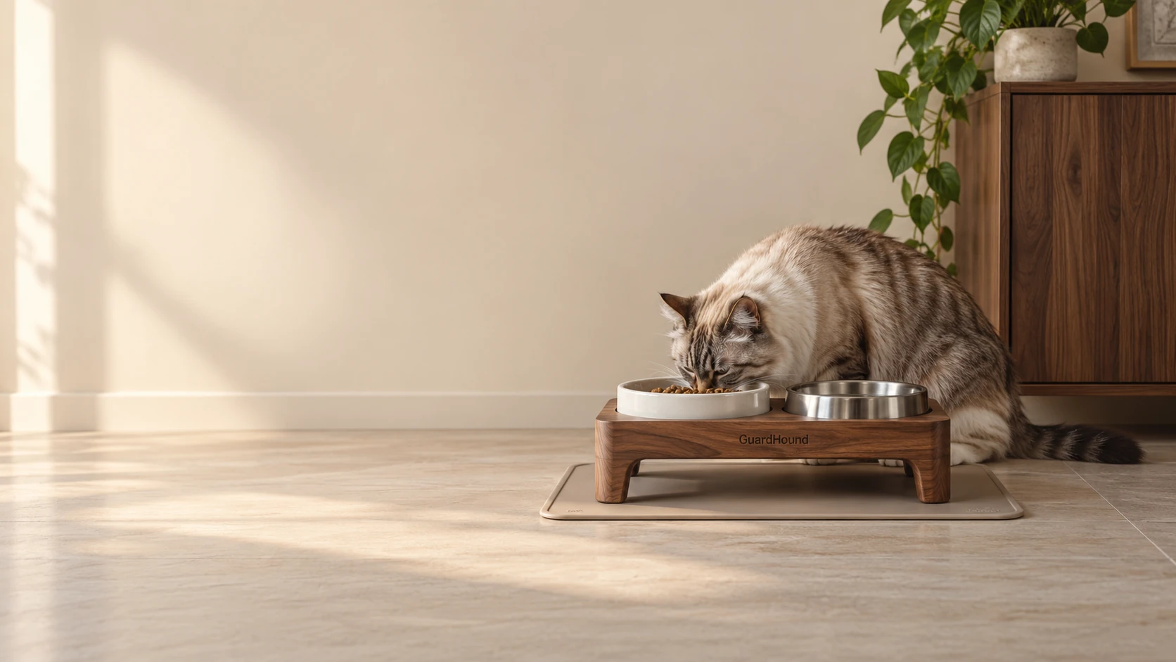 Morning kitchen corner — a cat eating from a wooden double-bowl stand with a ceramic bowl and a stainless steel bowl, placed on a feeding mat