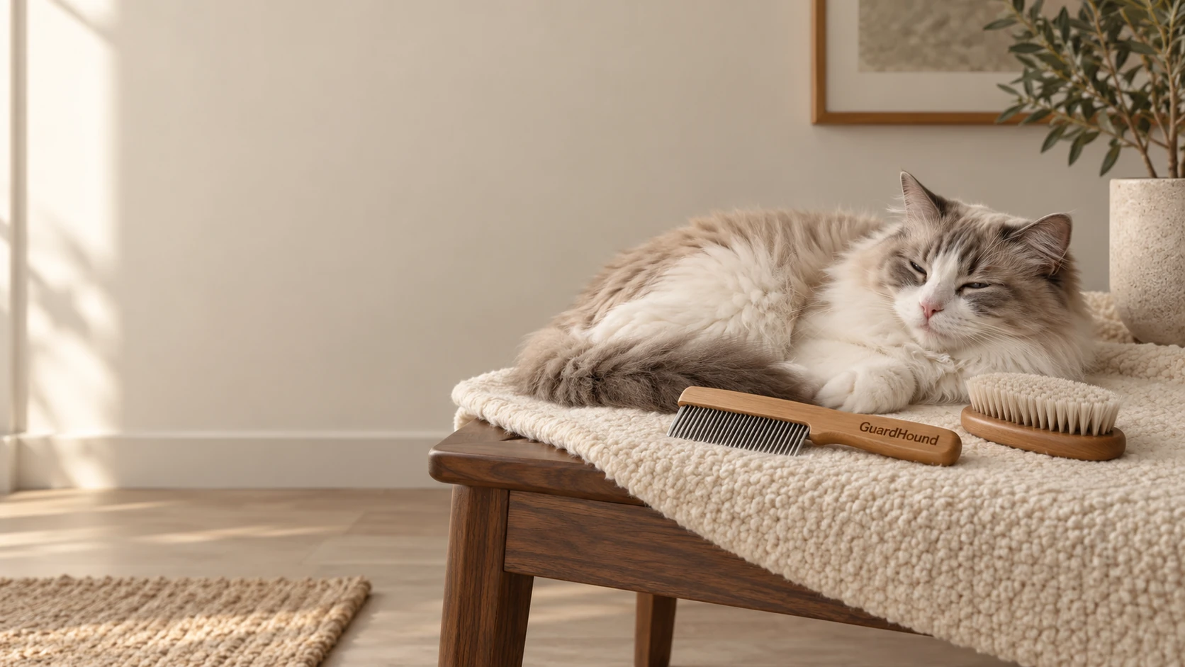 In soft window light, a relaxed cat rests on a woven mat, a wooden comb resting quietly beside it