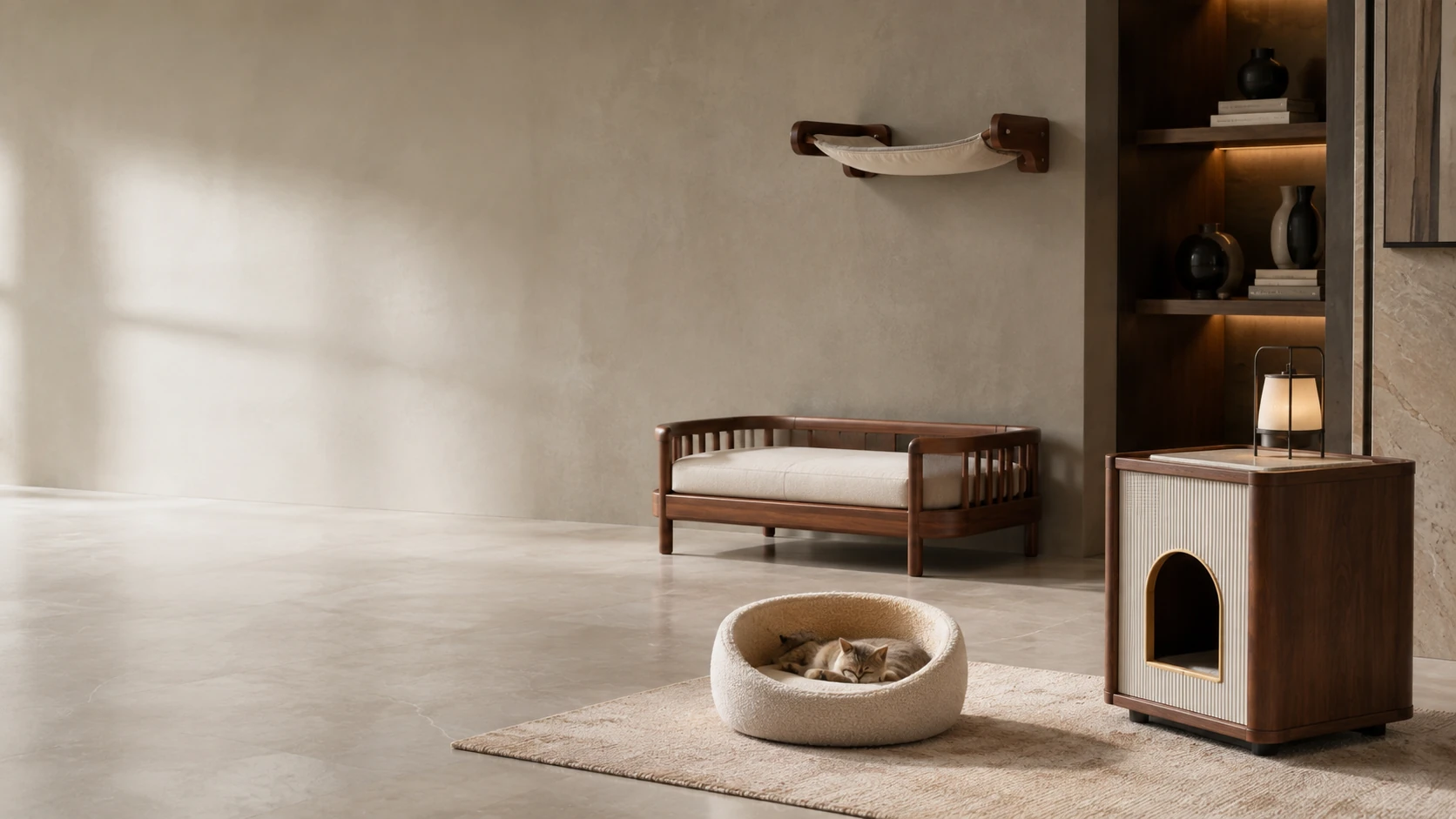 Modern light-luxury living space with four home & rest directions: wall-mounted hammock, solid wood cat bed, cream soft bed with a sleeping cat, and an enclosed wooden cat house