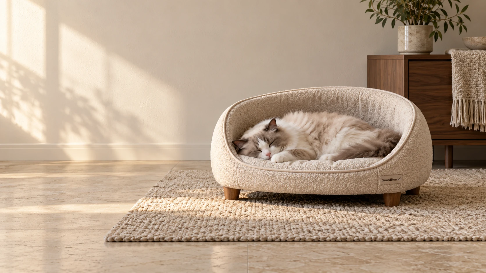 Afternoon light: a long-haired cat sleeping in a low, semi-enclosed oatmeal cat bed