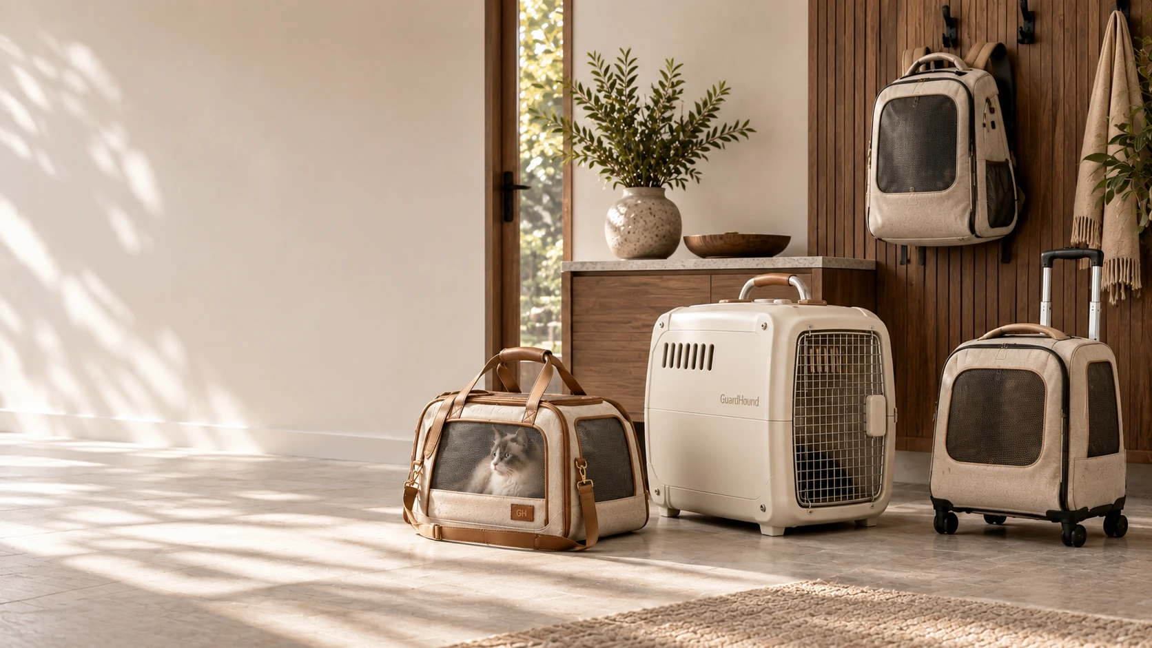 Modern light-luxury entryway with a cream hard-shell carrier, leather soft bag, backpack carrier and rolling travel carrier