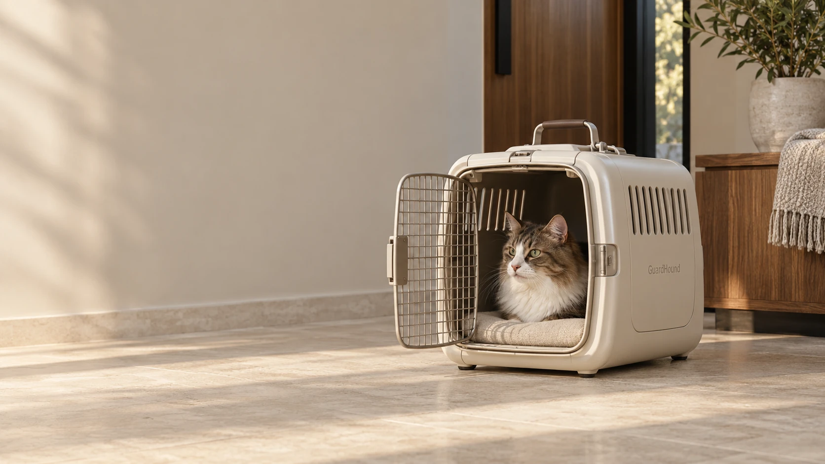 A cat resting calmly inside a cream hard-shell carrier with the metal mesh door open, in a sunlit entryway