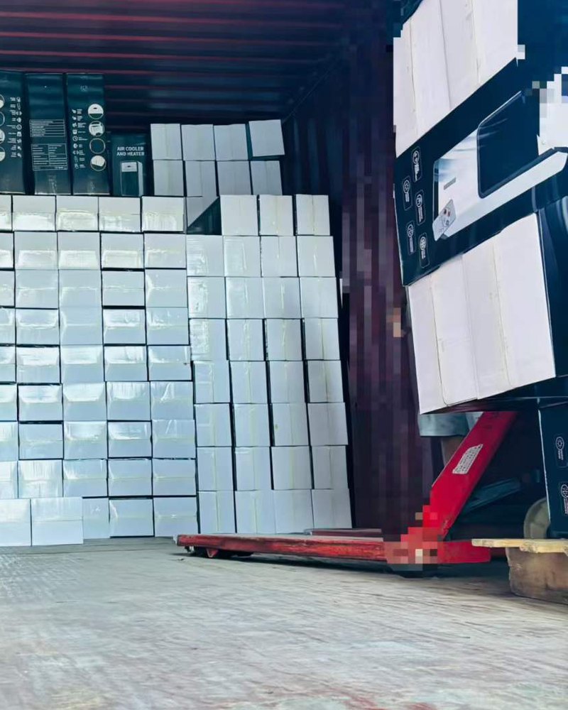 Container being loaded with shrink-wrapped cartons on a pallet, secured for export