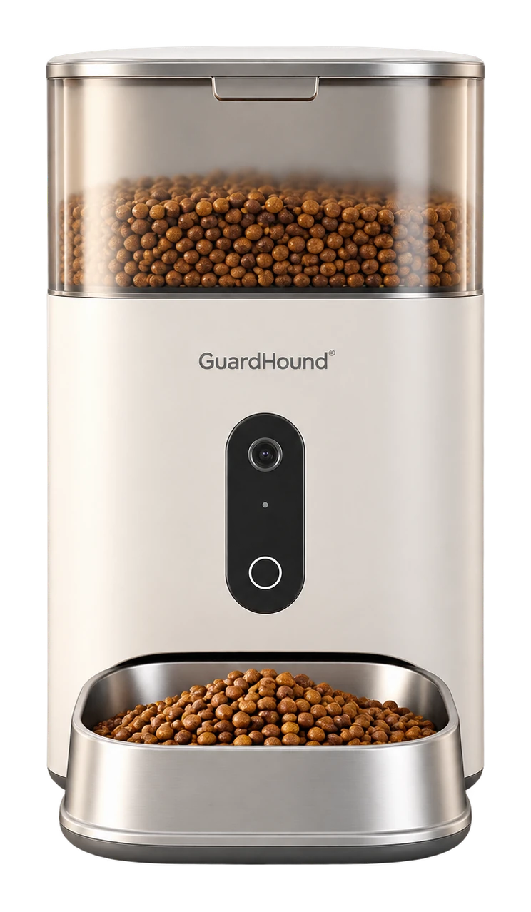 GuardHound smart pet feeder with a stainless bowl and twin hoppers
