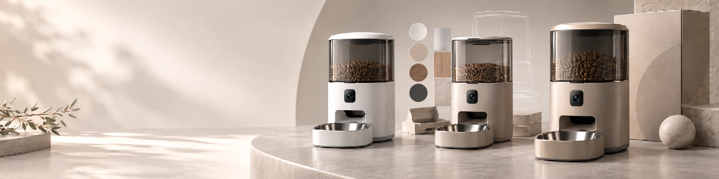 GuardHound smart feeder product development series: the proven production version on the left, then CMF material and color exploration, wood-grain and travertine samples, a camera-equipped version, and the final champagne-gold custom version with packaging samples.