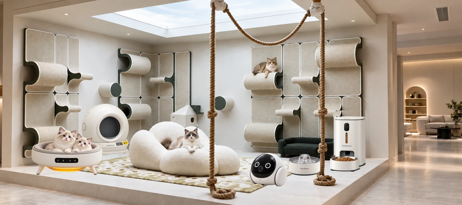A cat living space with a modular wall scratcher, a cloud bed, a capsule bed, a smart feeder and a smart fountain, with three cats up high, in a bed and by the fountain