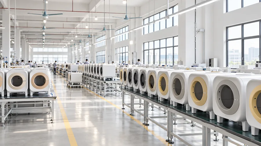 A bright smart pet device workshop, two production lines of white devices receding into the distance with workers between them