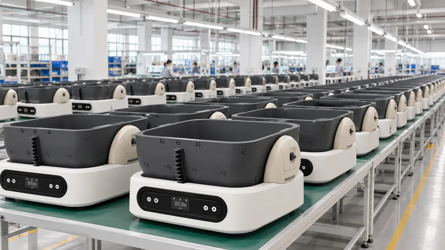 Rows of smart pet feeders on a production line, white bodies and black bowls repeating along an aluminum profile conveyor