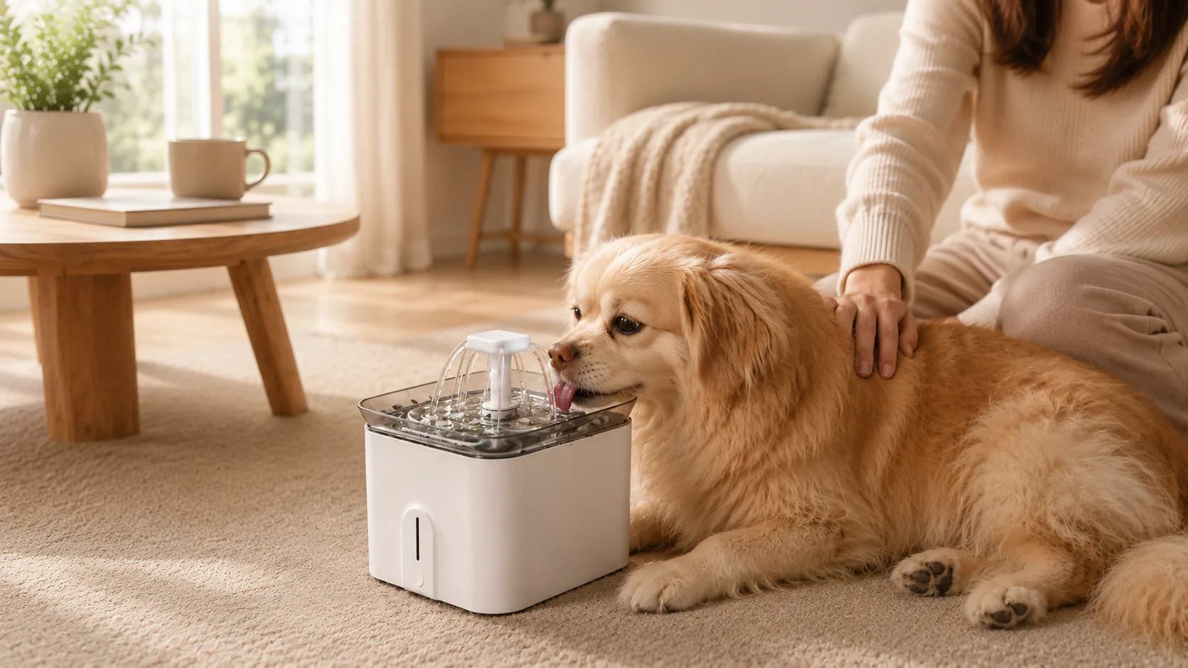 Pet Water Fountain with Circulation Filter · Living Room Hydration · GuardHound DOG