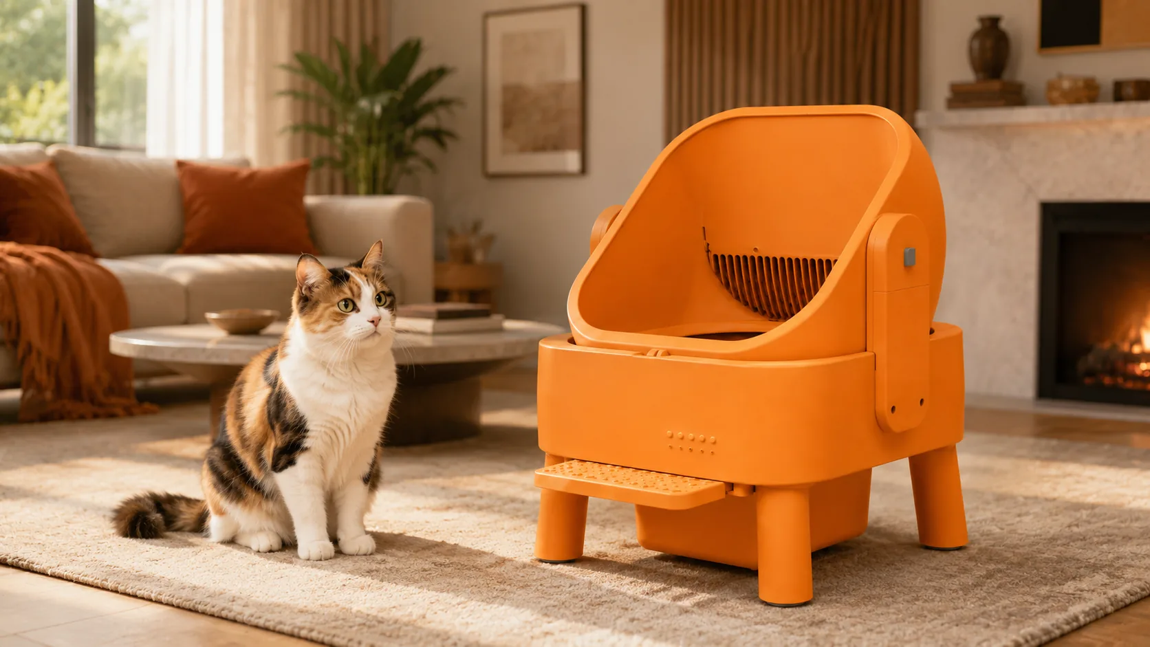 Smart Deodorizing Self-Cleaning Litter Box · Warm Sun Orange · GuardLynx