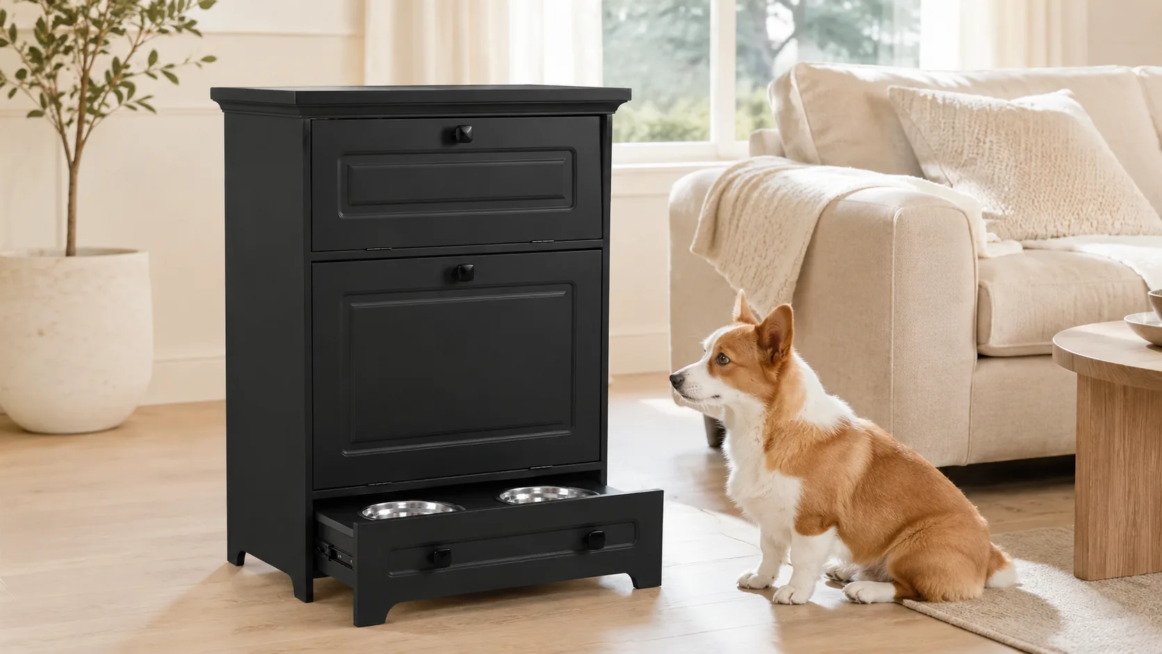 Pet Bowl Pull-Out Wooden Storage Cabinet · Stainless Steel Bowls · GuardHound DOG