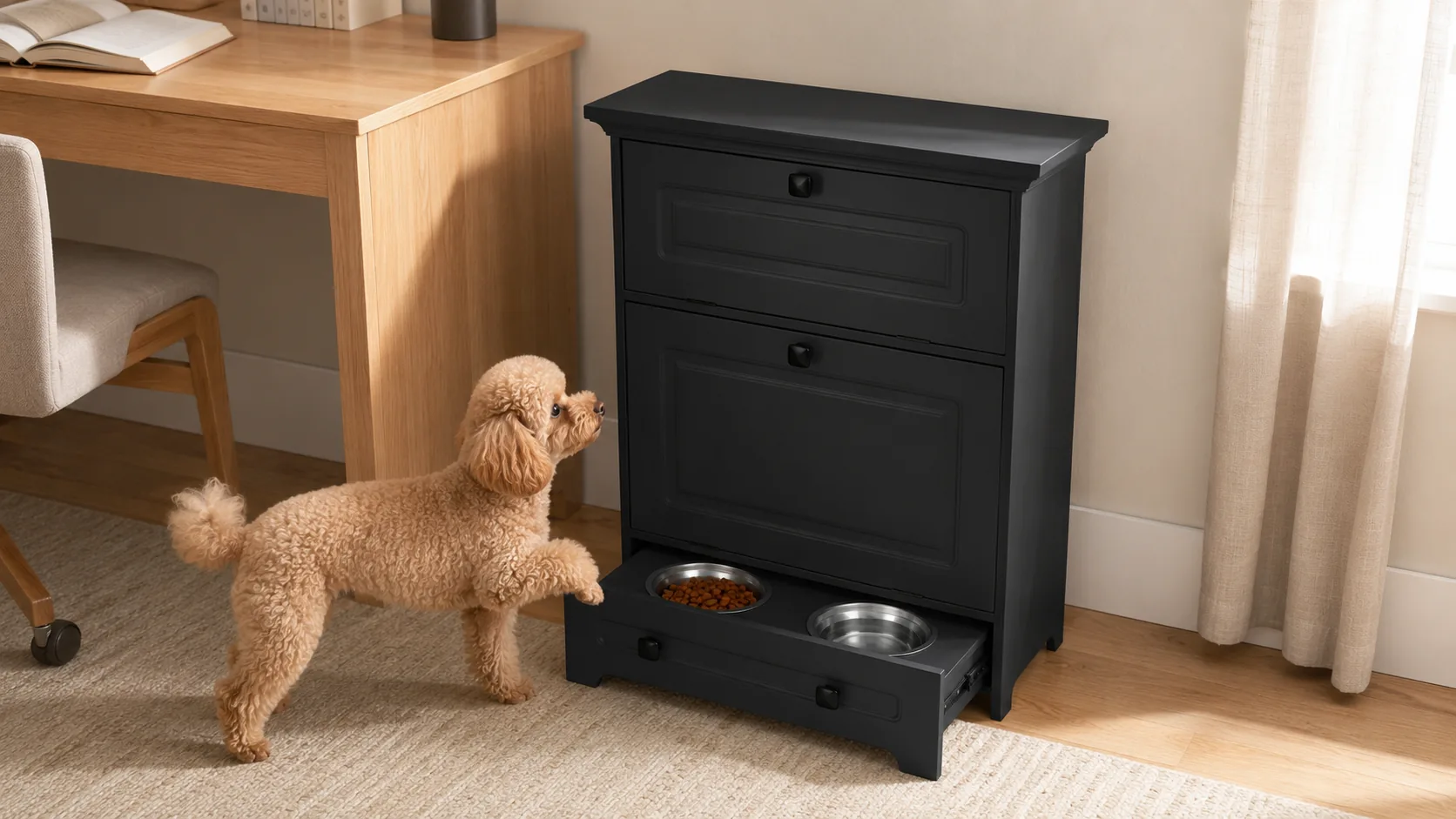 Pet Bowl Pull-Out Wooden Storage Cabinet · Upper Sealed Storage · GuardHound DOG