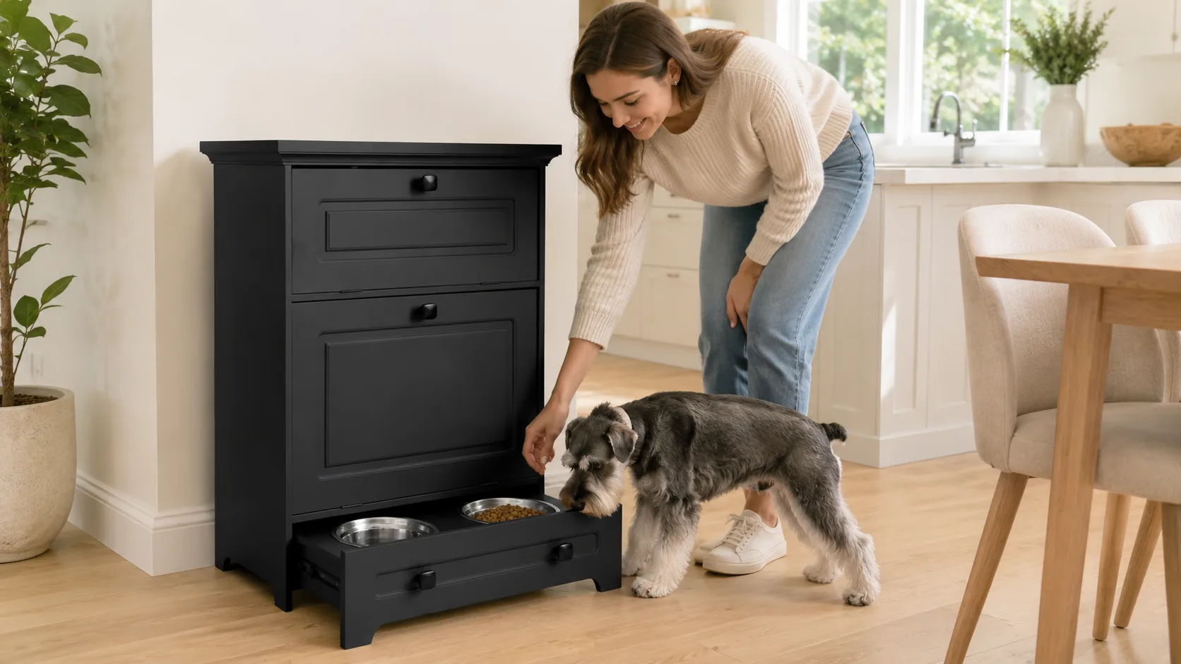 Pet Bowl Pull-Out Wooden Storage Cabinet · Open Kitchen Morning Light · GuardHound DOG