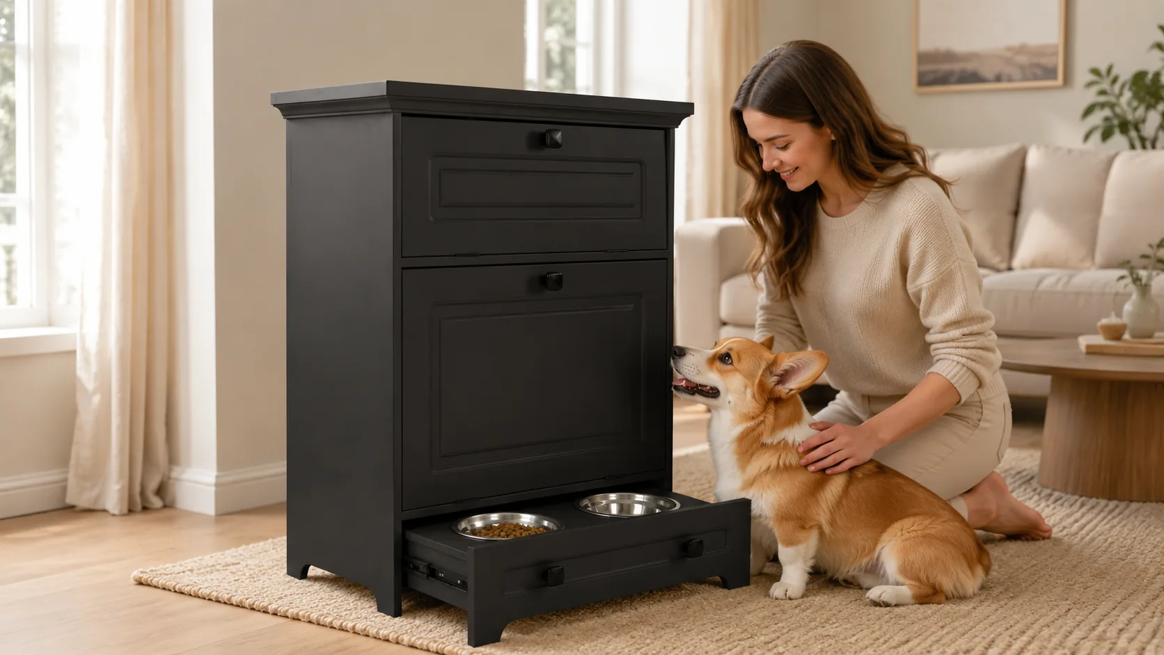 Pet Bowl Pull-Out Wooden Storage Cabinet · Living Room Afternoon Sun · GuardHound DOG