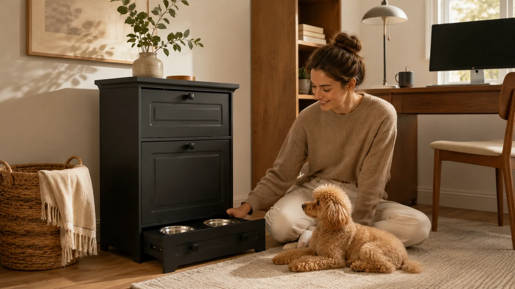 Pet Bowl Pull-Out Wooden Storage Cabinet · Study Cozy Evening · GuardHound DOG