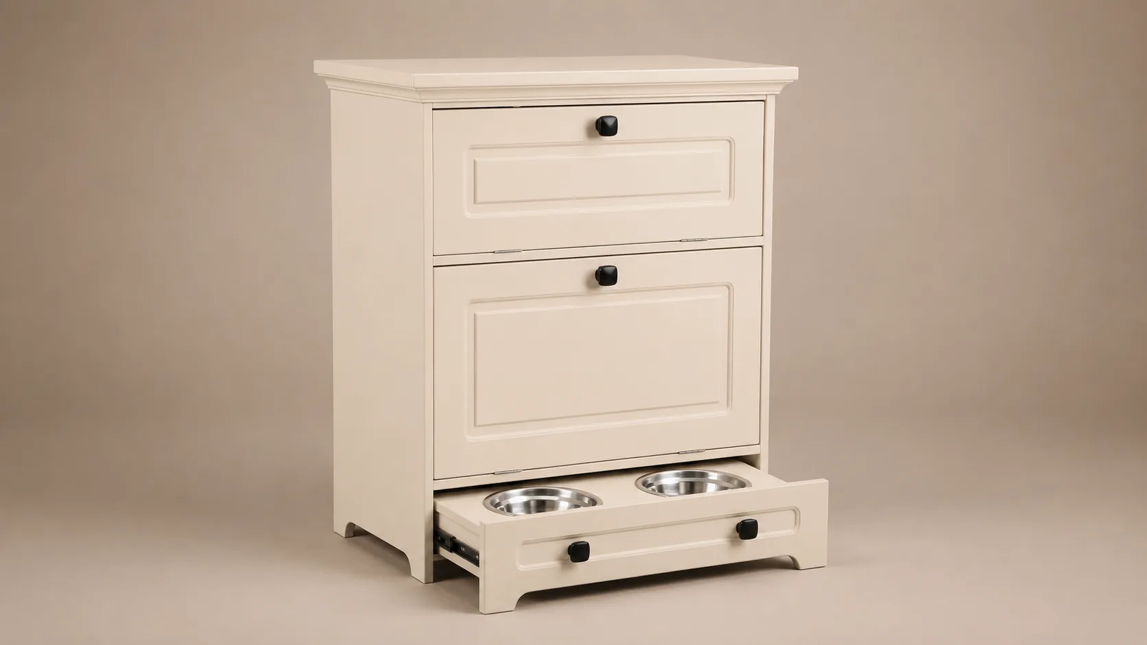 Pet Bowl Pull-Out Wooden Storage Cabinet · Warm Cream White · GuardHound DOG