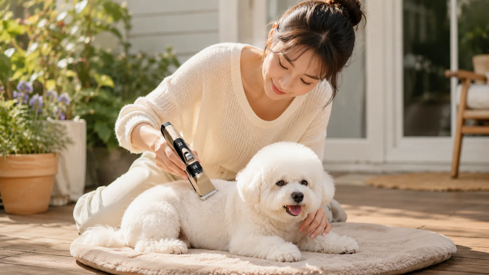 Smart Pet Clipper with Precision Guard · Sunlit Living Room Grooming · GuardHound DOG