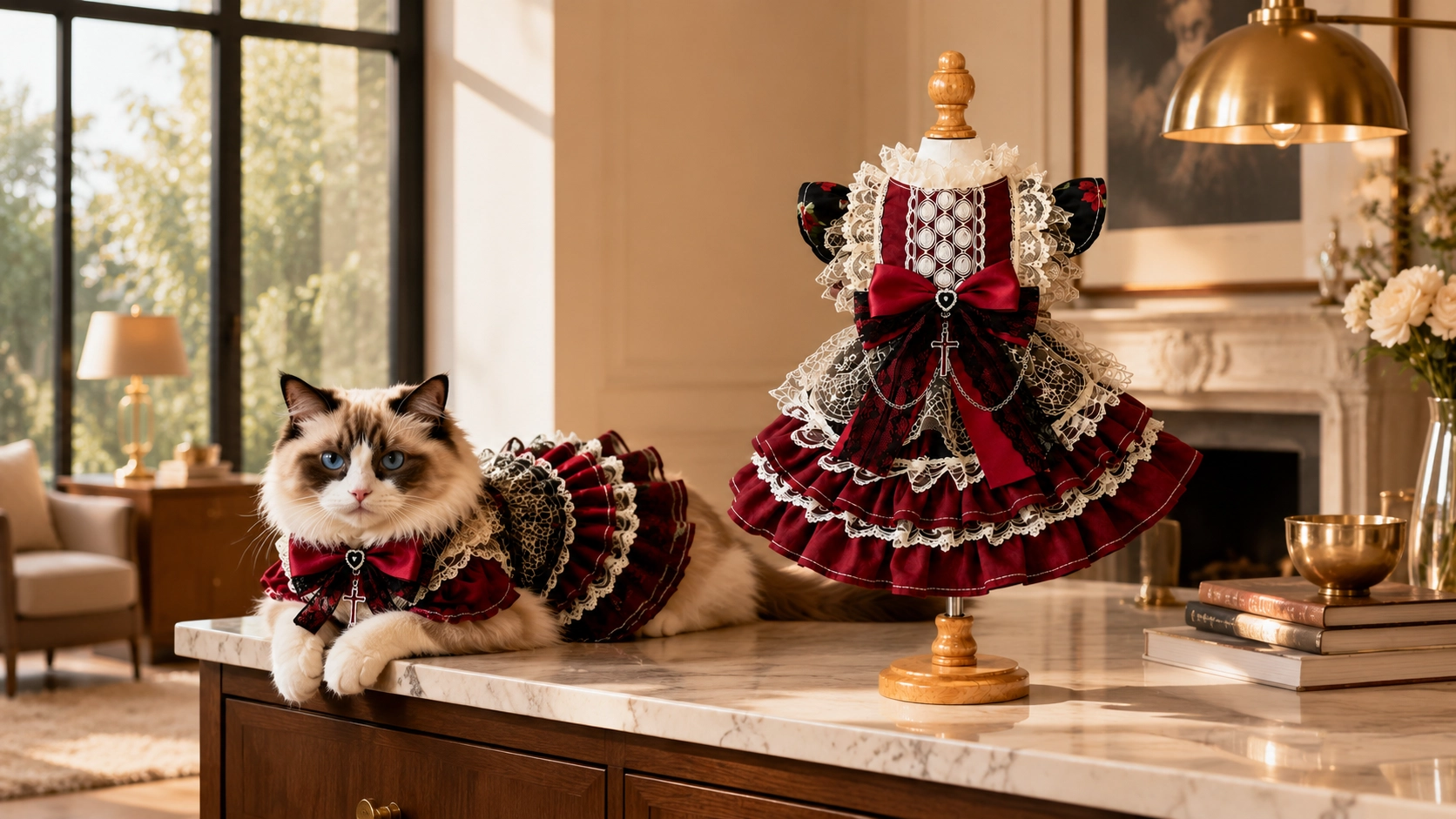 Lolita Vintage Cat Dress · Burgundy Vintage · GuardLynx