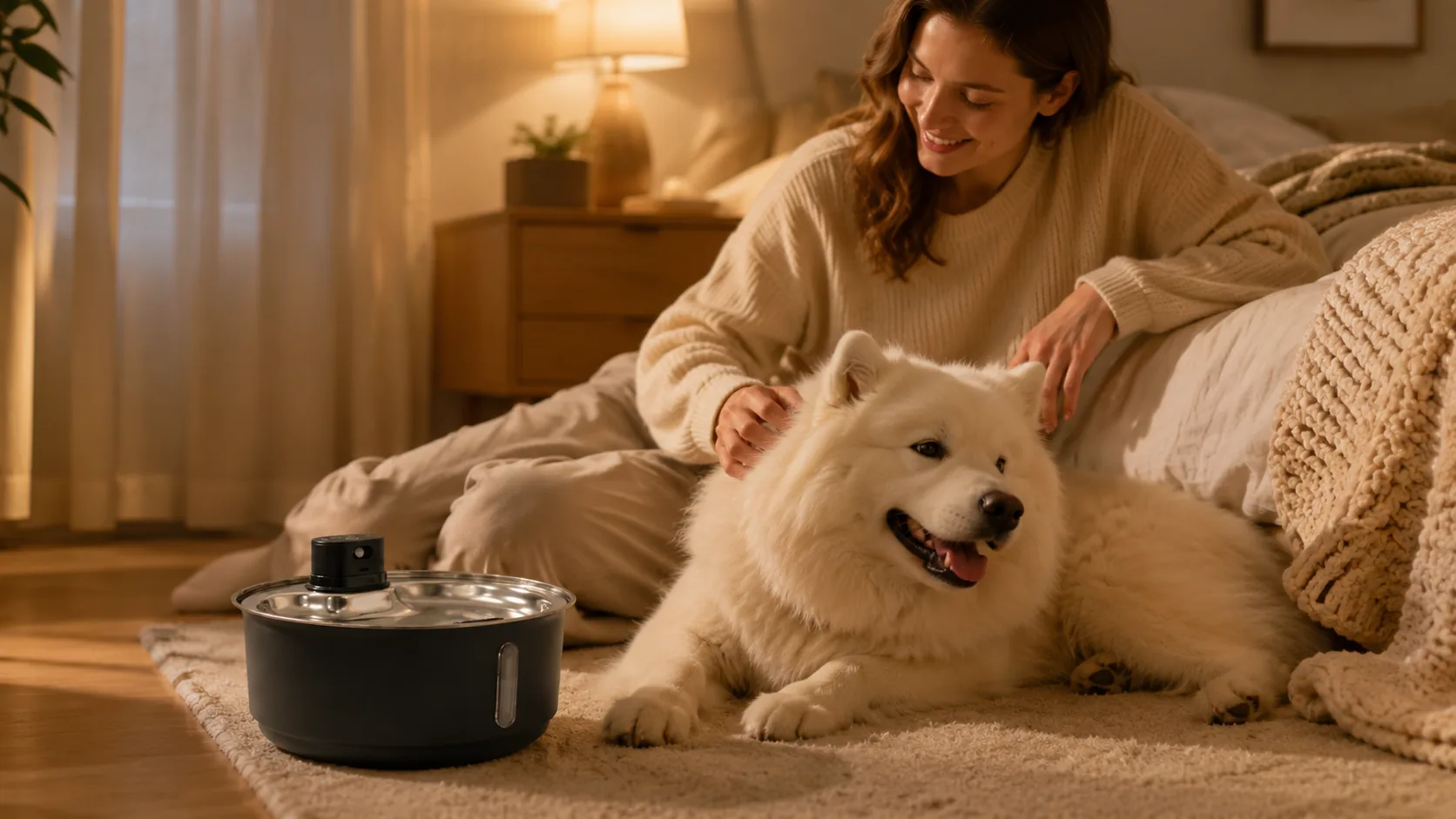 Smart Pet Water Fountain Stainless Steel · Bedroom Evening · GuardHound DOG