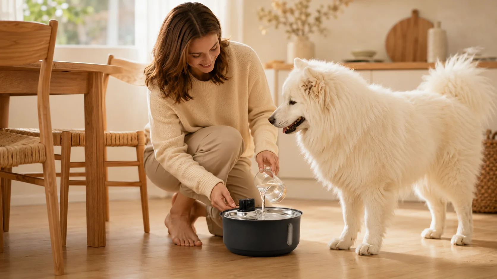 Smart Pet Water Fountain Stainless Steel · Living Room Afternoon · GuardHound DOG