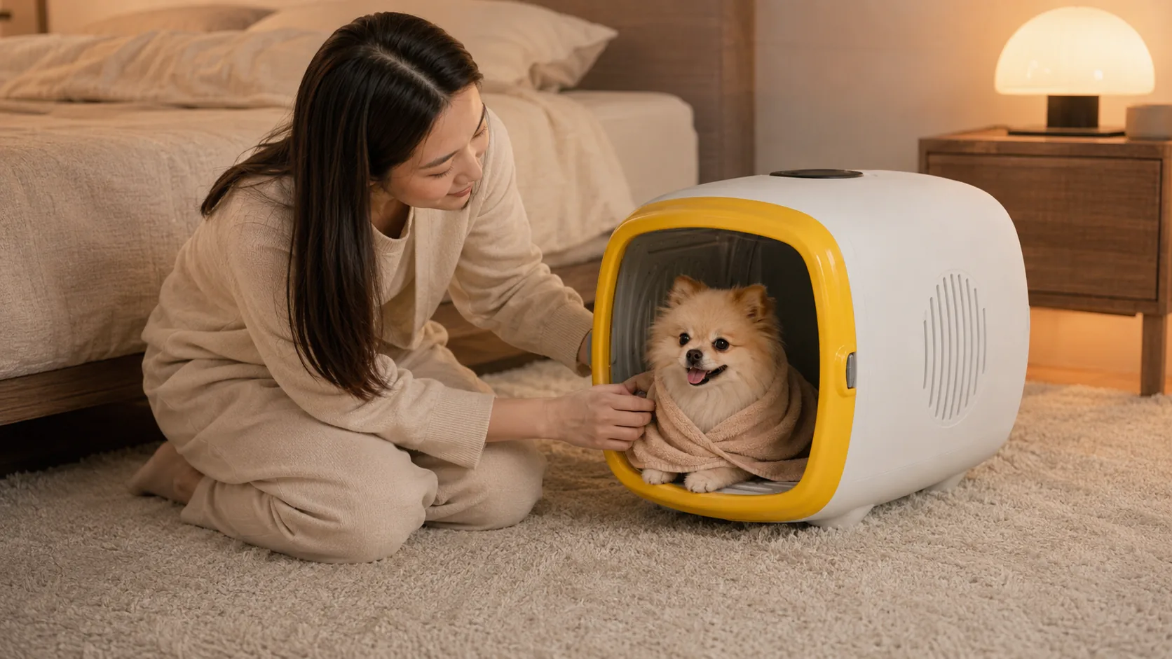 GuardHound Smart Pet Drying Cabinet · Evening Bedroom Grooming · GuardHound DOG