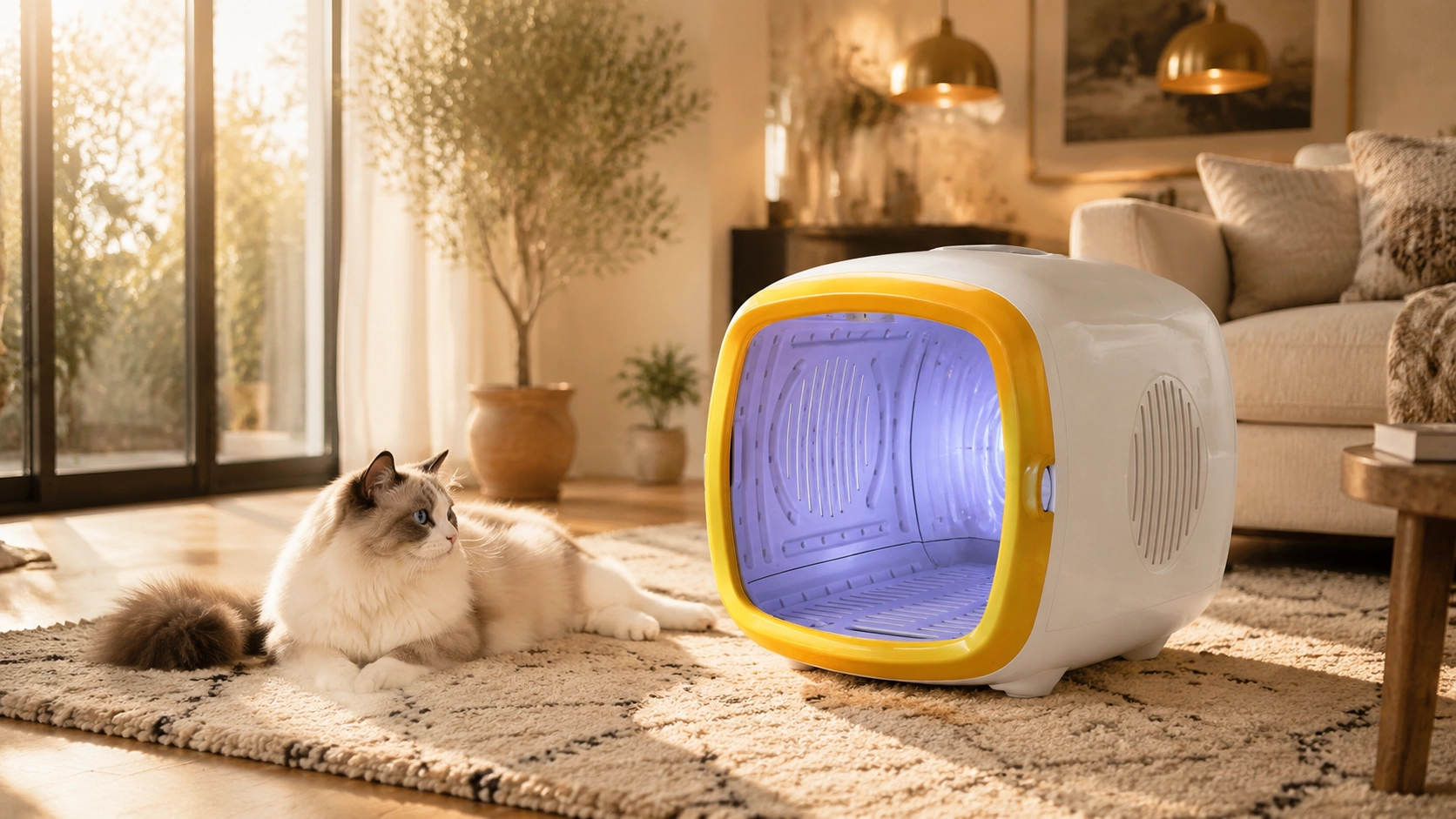 Premium Smart Pet Drying Box · White with Yellow Trim · GuardLynx